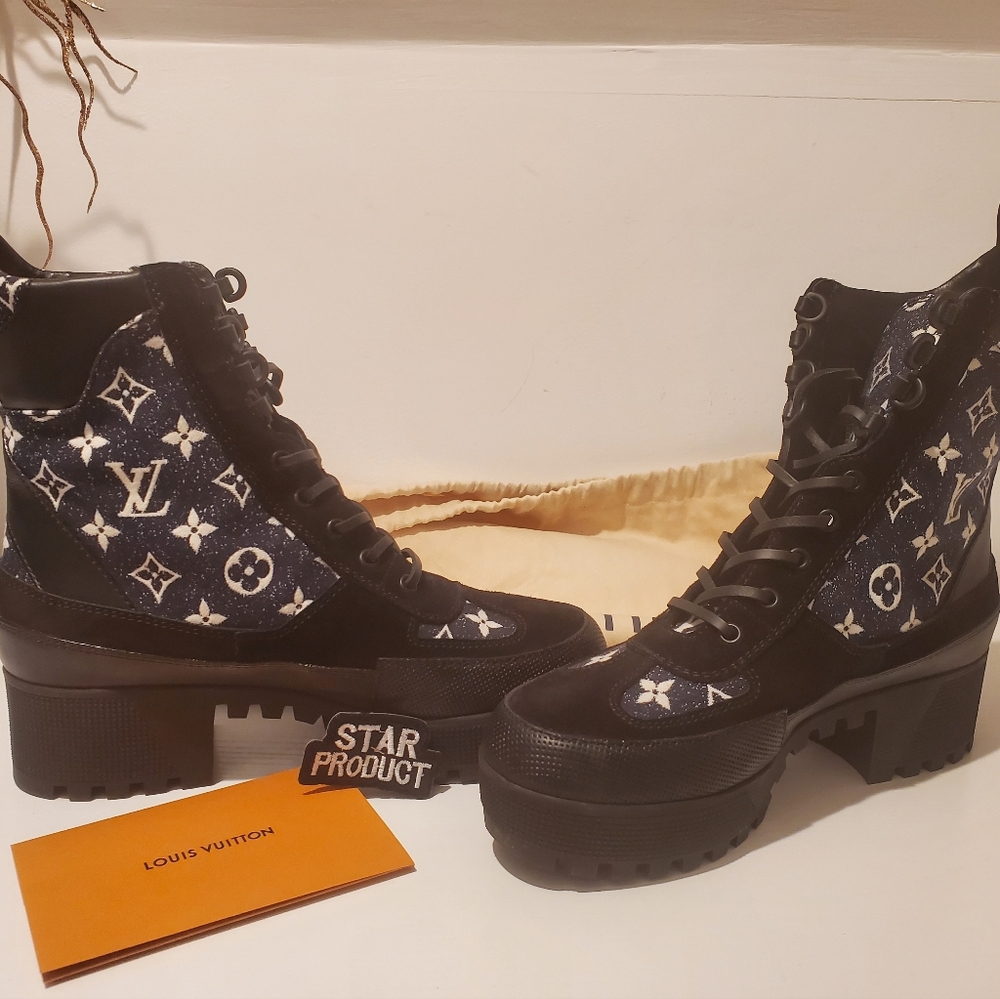 Authentic Louis Vuitton blue denim & suede Laureate Platform Desert Boot size 41